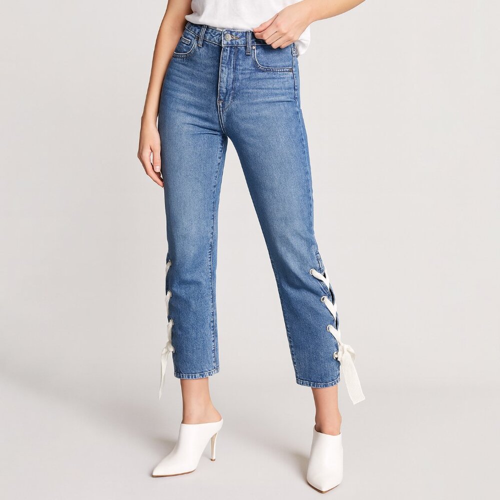 PAIGE Blue Denim Ankle Crop Jeans with White Side Ties